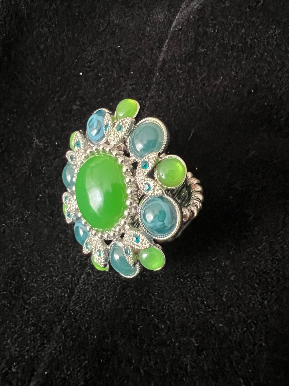 Green and Teal Stone Silver Floral Cocktail Ring with expandable band